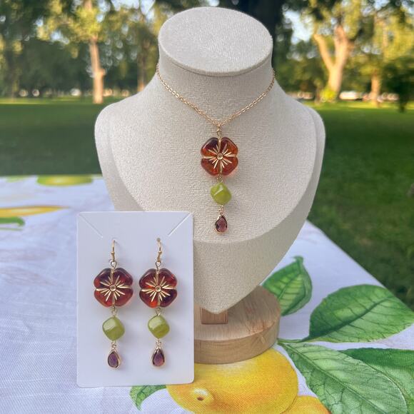 Amber Tone Flower Floral Earthy Bohemian Garnet Olive Green Casual Jewelry Set - Picture 1 of 6